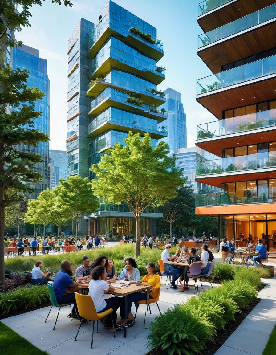 A diverse group of people collaborating in a vibrant community setting, surrounded by green spaces and modern architecture, symbolizing connection and teamwork. Feature various individuals engaged in discussions, with elements like plants and art displays to represent creativity and growth. Bright colors to convey positivity and energy, showcasing a futuristic cityscape in the background. super-realistic. vibrant colors. lively atmosphere.