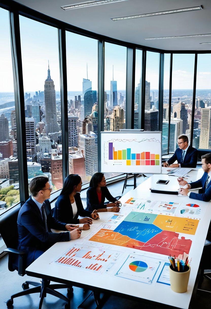 A dynamic workspace filled with diverse team members collaborating around a large table, surrounded by colorful graphs and charts signaling growth. Include a large window with a view of a bustling city skyline symbolizing opportunities, and a whiteboard filled with innovative ideas and strategies. Bright, uplifting colors to emphasize a sense of energy and potential. super-realistic. vibrant colors. 3D.